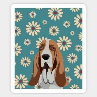 Head of Basset Hound Dog on Spring Flower Pattern Background Sticker